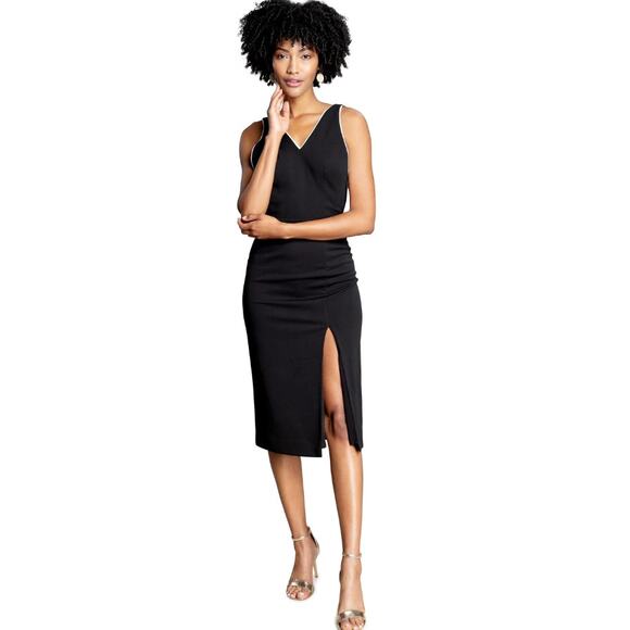 DRESS THE POPULATION Giana Dress Small Black White Slit V Neck Bodycon NWOT - Picture 1 of 11